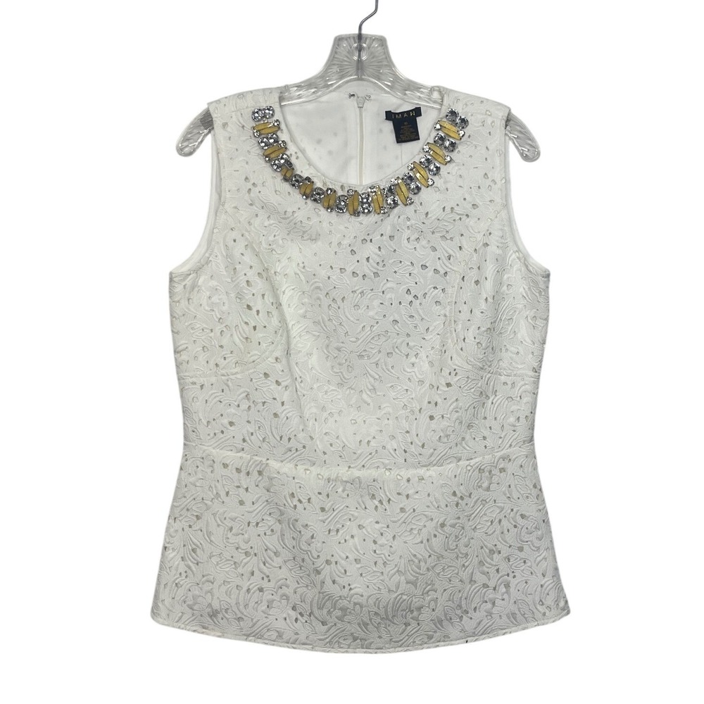 IMAN Eyelet Lace Peplum Top Women 10 White Crystal Embellished Sleeveless Chic